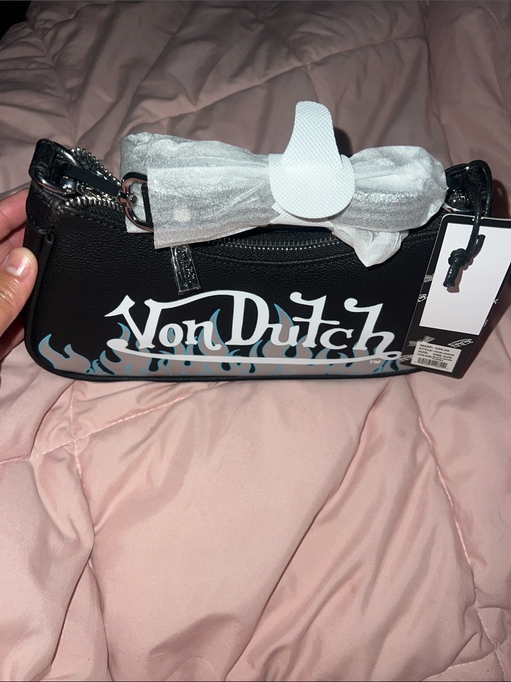 Von Dutch Black Shoulder Bag with White and Light Blue Flame Graphic - Picture 4 of 8